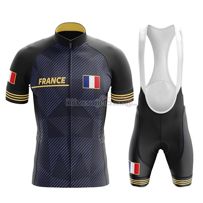 Abbigliamento Ciclismo Campione Francia Manica Corta 2020 Scuro Blu Giallo
